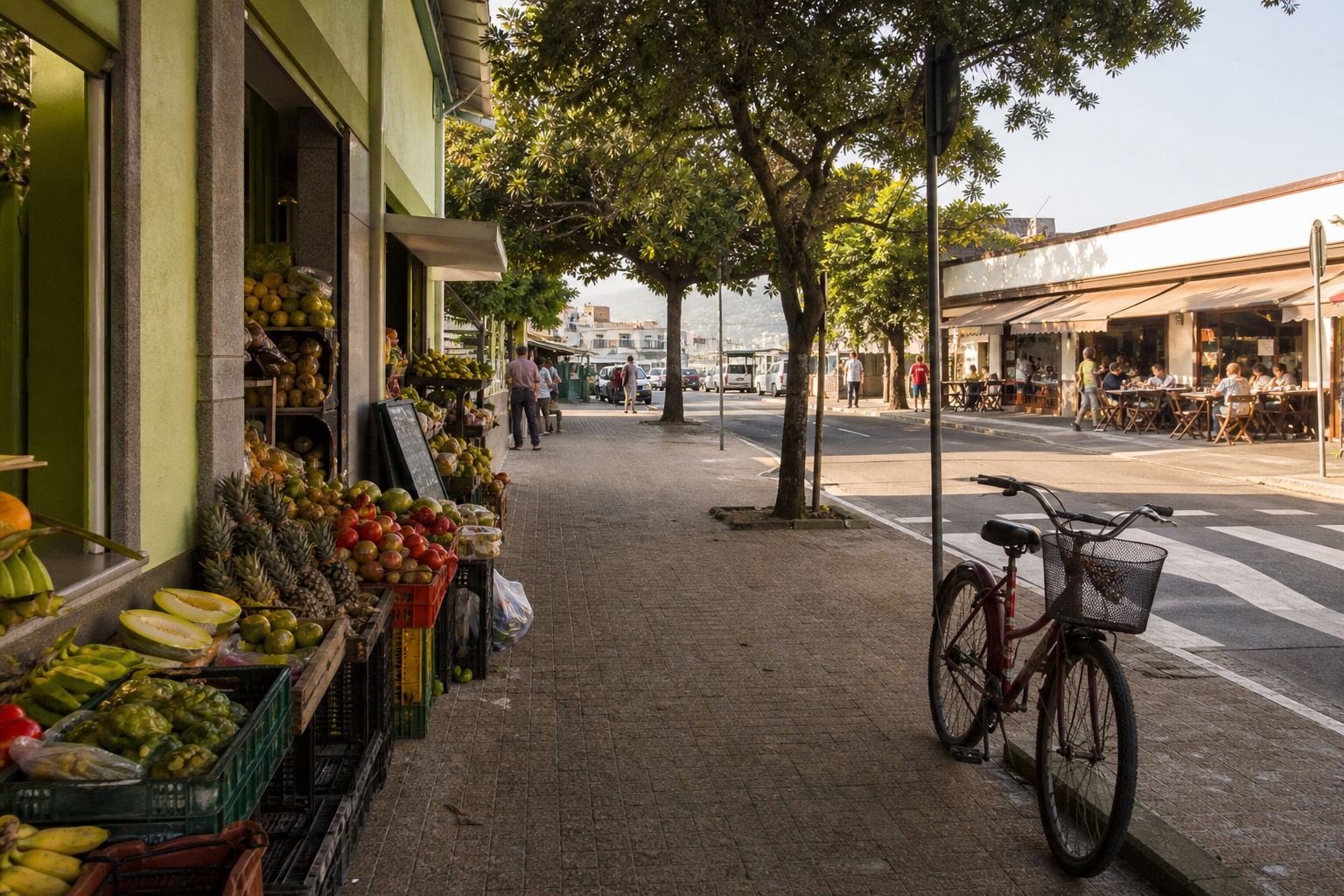 Vida urbana de Florianópolis com comércio local e rotina de bairro