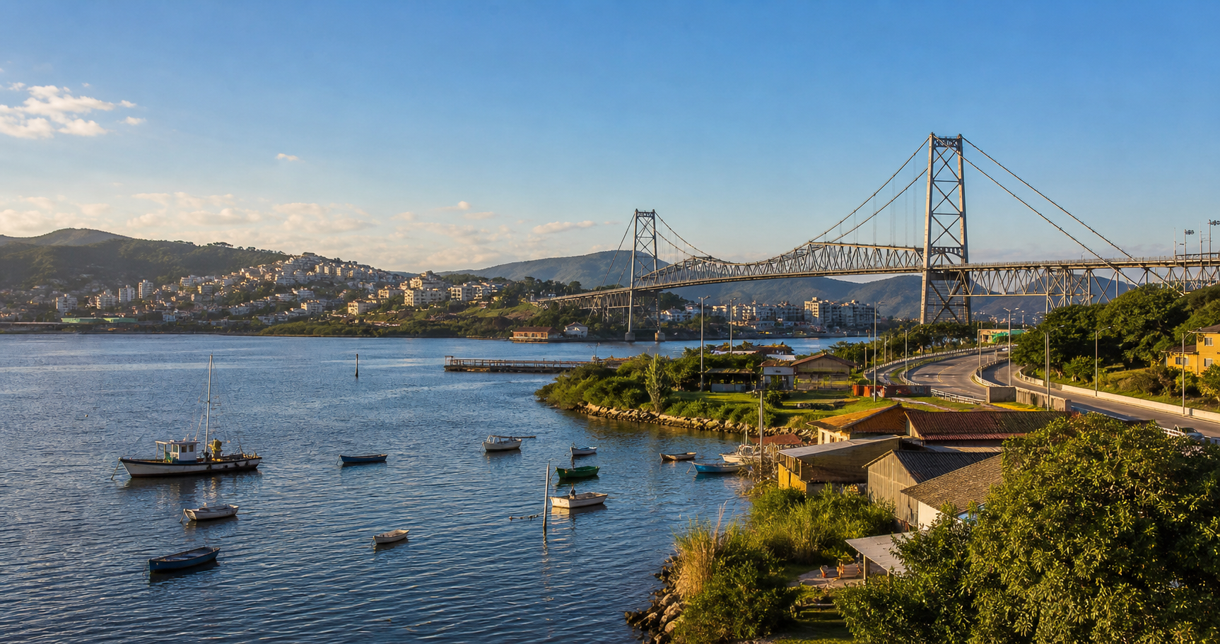 Vista editorial de Florianópolis com água, cidade, ponte e morros